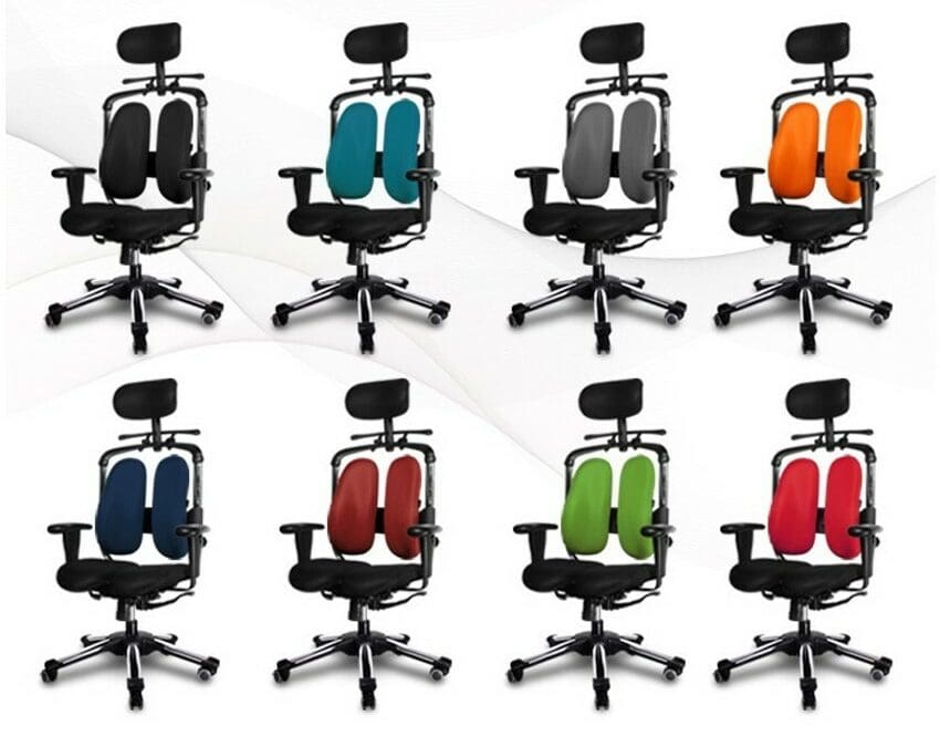 Das Bild zeigt eine Auswahl verschiedenfarbiger HARA-Bürostühle