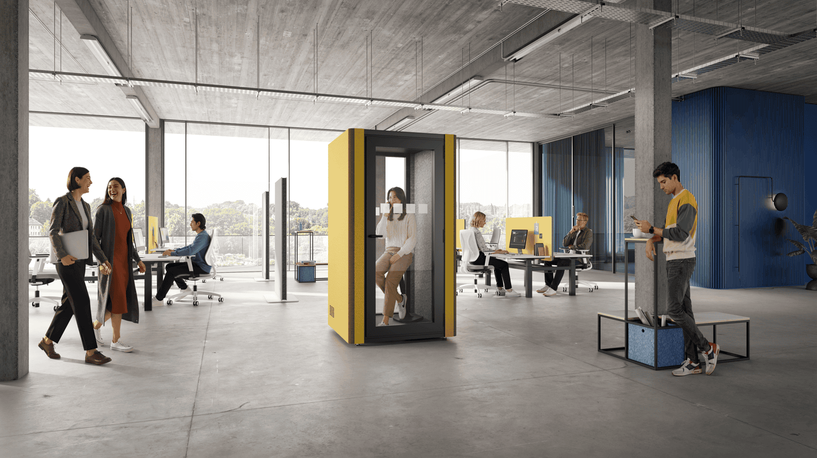 Eine moderne Phonebox, in der auch in der Mitte eines großen und belebten Raumes ruhige ungestörte Telefonate ermöglicht.