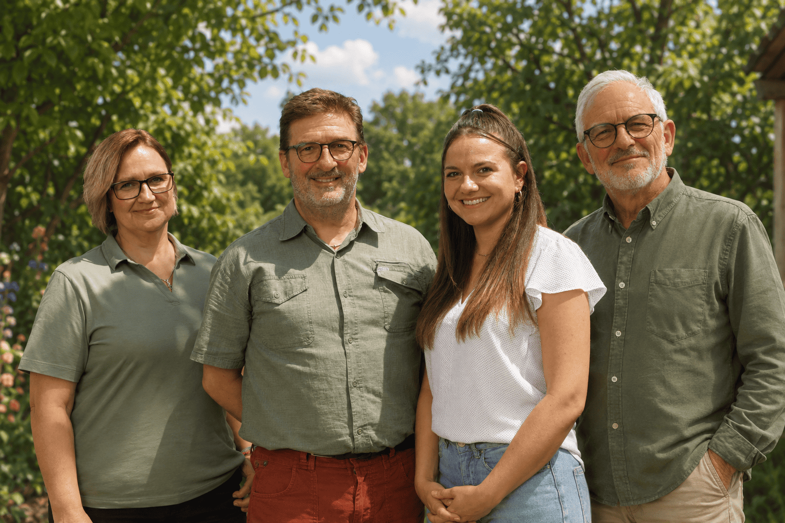 Ein Teamfoto in einer Gartenkulisse.